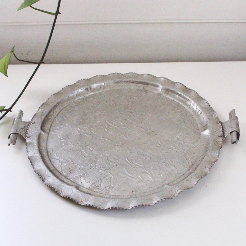Vintage Hand-Wrought Aluminum Serving Tray - Embossed Fruit Floral, Rodney Kent